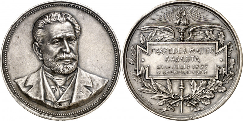 1903. Alfonso XIII. Muerte de Sagasta. Medalla. Grabador: J. Gottuzzo. Golpes en...