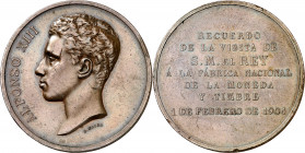 1901. Alfonso XIII. Madrid. Alfonso XIII visita la FNMT. Medalla. (Cano 159) (V. 607). Grabador: B. Maura. Golpecitos. Bronce. 62,55 g. Ø50 mm. MBC+.