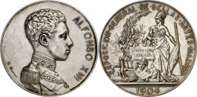 1904. Alfonso XIII. Madrid. Exposición General de Bellas Artes. Medalla. (Ruiz Trapero 1152- 1153 var metal) (V. 612 var metal). Grabador: B. Maura. P...