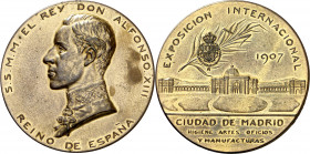 1907. Alfonso XIII. Madrid. Exposición Internacional de Higiene, Artes, Oficios y Manufacturas. Medalla. Bronce dorado. 71,69 g. Ø60 mm. EBC.