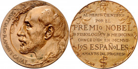 1907. Alfonso XIII. Concesión del Premio Nobel a Santiago Ramón y Cajal. Medalla. (Cano 200). Grabador: M. Benlliure. Escasa. Bronce. 140,59 g. Ø72 mm...