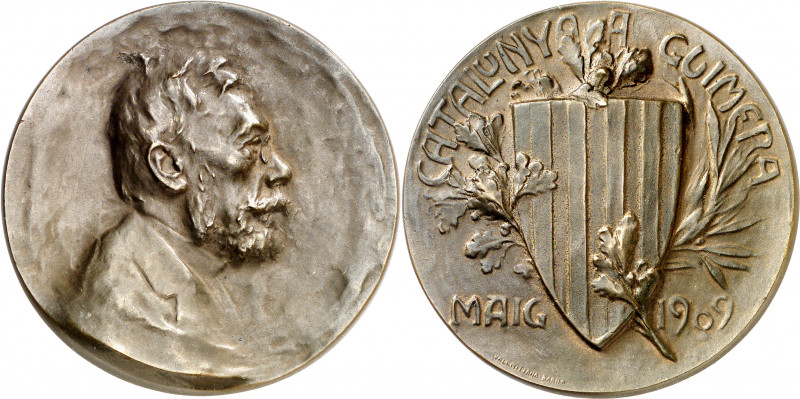 1909. Alfonso XIII. Barcelona. A Àngel Guimerà. Medalla. (Cru.Medalles 1060). Au...
