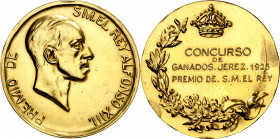 1925. Alfonso XIII. Jerez. Concurso de Ganados. Premio al Mérito. Medalla. Golpecitos en canto. Rara. Oro. 38,26 g. Ø37 mm. EBC.