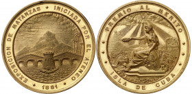 Cuba. 1881. Alfonso XII. Exposición de Matanzas. Premio al Mérito. Medalla. Grabador: P. Vidal. Marca en canto: FEU HERMANOS. Bella. Bronce dorado. 10...