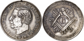 México. 1878. Homenaje a Benito Juárez. Medalla masónica. (Grove II M-9b). Grabador: T. de la Peña. Golpes. Rara. Plata. 23,05 g. Ø37 mm. (EBC-).