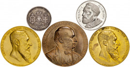 1879-1885. Conjunto de 5 medallas de distintos personajes extranjeros: Bélgica (dos), Francia (dos) y Suiza. MBC-/EBC+.