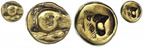 Mysien
Mytilene auf Lesbos
Hekte (1/6 Stater) ELEKTRON 521/478 v. Chr. Widderkopf r./inkuser Löwenkopf r. 2,46 g.
sehr schön. Bodenstedt 16.