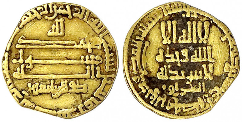 Abbasiden
Al-Mamun, 812-833 (AH 196-218)
Dinar AH 203 = 819/820. Mit "Lillah" ...