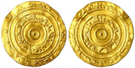 Fatimiden
Al Aziz, 976-997 (AH 365-386)
Dinar AH 366 = 977, Misr. 4,13 g.
sehr schön, gewellt. Nicol 700.