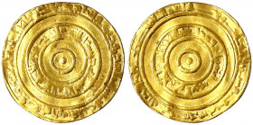 Fatimiden
Al Aziz, 976-997 (AH 365-386)
Dinar AH 366 = 977, Misr. 4,09 g.
sehr schön, gewellt. Nicol 700.