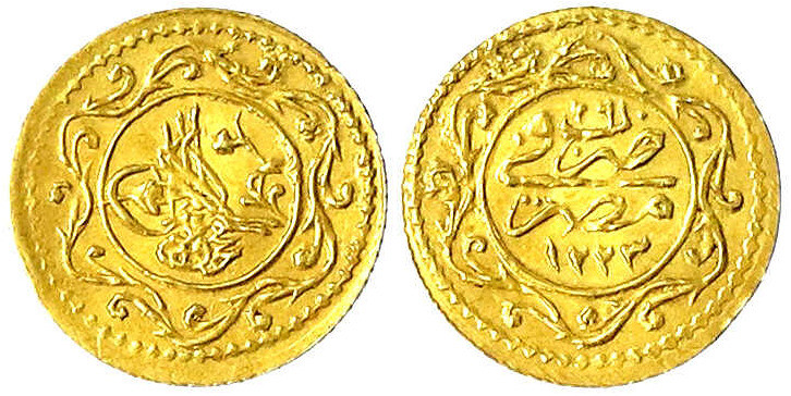 Ägypten
Mahmud II., 1808-1839 (AH 1223-1255)
1/4 Altin AH 1223, Jahr 26 = 1849...