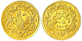 Ägypten
Mahmud II., 1808-1839 (AH 1223-1255)
1/4 Altin AH 1223, Jahr 26 = 1849, Misr. 0,40 g.
vorzüglich/Stempelglanz. Krause/Mishler 193.