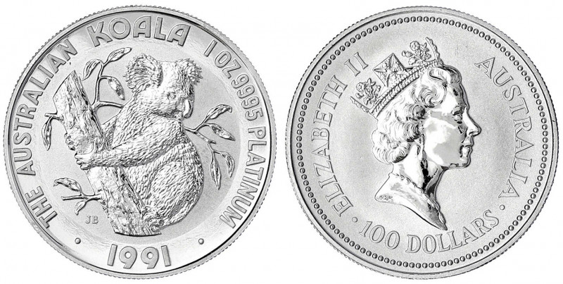 Australien
Elisabeth II., seit 1952
100 Dollars Platinmünze 1991, Koala. In Or...