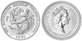 Australien
Elisabeth II., seit 1952
100 Dollars Platinmünze 1991, Koala. In Originalkapsel. 1 Unze Feinplatin. Geringe Auflage.
BU. Krause/Mishler ...