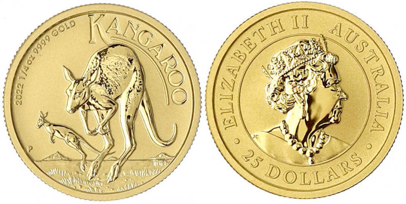 Australien
Elisabeth II., seit 1952
25 Dollar 1/4 Unze Feingold 2022 Känguru m...
