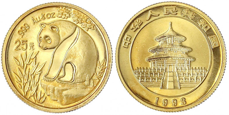 China
Volksrepublik, seit 1949
25 Yuan 1993. Panda auf Felsen. 1/4 Unze Feingo...