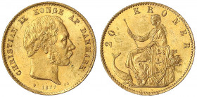 Dänemark
Christian IX., 1863-1906
20 Kronen 1877 CS. 8,96 g. 900/1000.
vorzüglich/Stempelglanz. Friedberg 295. Hede 8 A.