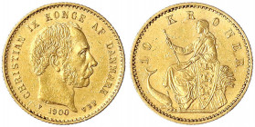 Dänemark
Christian IX., 1863-1906
10 Kronen 1900 VBP. 4,48 g. 900/1000.
gutes sehr schön. Friedberg 296. Hede 9B.