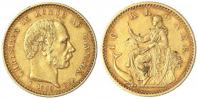 Dänemark
Christian IX., 1863-1906
10 Kronen 1900 VBP. 4,48 g. 900/1000.
sehr schön. Friedberg 296. Hede 9 B.