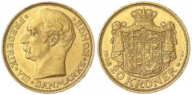 Dänemark
Frederik VIII., 1906-1912
20 Kronen 1908 VBP. 8,96 g. 900/1000.
vorzüglich/Stempelglanz. Friedberg 297. Hede 1.