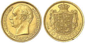 Dänemark
Frederik VIII., 1906-1912
10 Kronen 1908 VBP. 4,48 g. 900/1000.
vorzüglich, kl. Kratzer, winz. Randfehler. Friedberg 298. Hede 2.