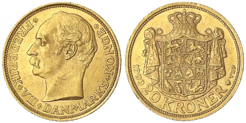 Dänemark
Frederik VIII., 1906-1912
20 Kronen 1909 VBP. 8,96 g. 900/1000.
vorz...