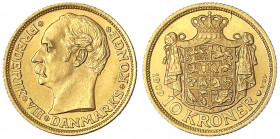 Dänemark
Frederik VIII., 1906-1912
10 Kronen 1909 VBP. 4,48 g. 900/1000.
vorzüglich/Stempelglanz. Friedberg 298. Hede 2.