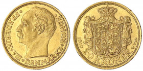 Dänemark
Frederik VIII., 1906-1912
20 Kronen 1910 VBP. 8,96 g. 900/1000.
vorzüglich, kl. Kratzer und Randfehler. Friedberg 297. Hede 1.