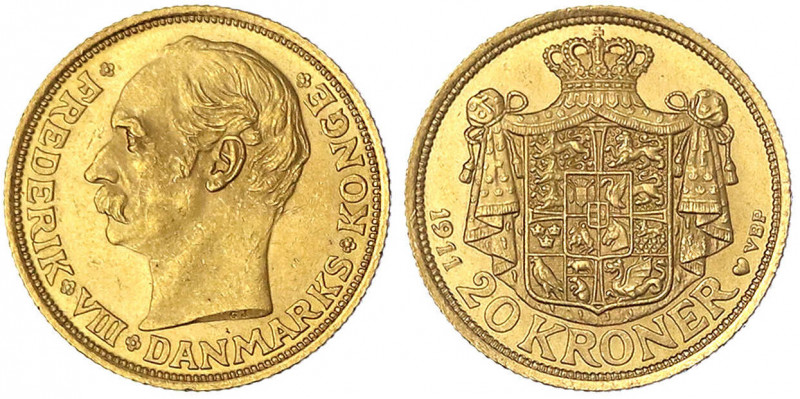 Dänemark
Frederik VIII., 1906-1912
20 Kronen 1911 VBP. 8,96 g. 900/1000.
vorz...