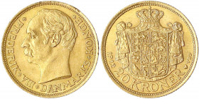 Dänemark
Frederik VIII., 1906-1912
20 Kronen 1912 VBP. 8,96 g. 900/1000.
vorzüglich/Stempelglanz, kl. Randfehler. Friedberg 297. Hede 1.