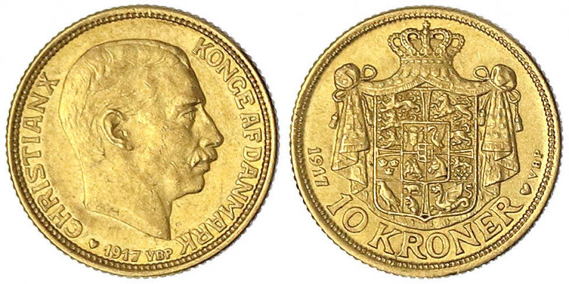 Dänemark
Christian X., 1912-1947
10 Kronen 1917 VBP. 4,48 g. 900/1000.
vorzüg...