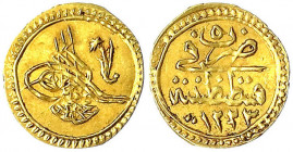 Türkei/Osmanisches Reich
Mahmud II., 1808-1839 (AH 1223-1255)
1/4 Zeri Mahbub AH 1223, Jahr 5 = 1812, Qustintiniyah. 0,79 g.
vorzüglich. Krause/Mis...