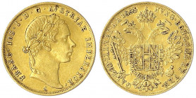 Haus Habsburg
Franz Joseph I., 1848-1916
Dukat 1855 A, Wien. 3,44 g.
sehr schön, min. wellig. Herinek 78. Friedberg 490.