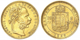 Haus Habsburg
Franz Joseph I., 1848-1916
8 Forint/20 Francs 1880 KB. Für Ungarn. 6,45 g. 900/1000.
vorzüglich, kl. Randfehler. Herinek 262.