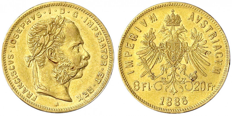 Haus Habsburg
Franz Joseph I., 1848-1916
8 Florin/20 Francs 1886. 6,45 g. 900/...
