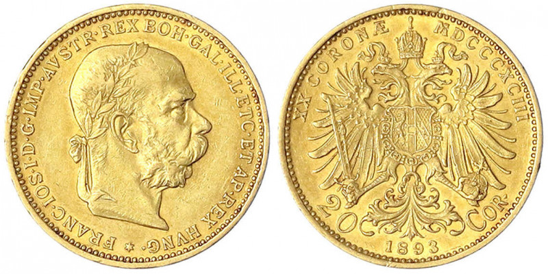 Haus Habsburg
Franz Joseph I., 1848-1916
20 Kronen 1893. 6,78 g. 900/1000.
se...