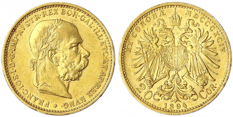 Haus Habsburg
Franz Joseph I., 1848-1916
20 Kronen 1894. 6,78 g. 900/1000.
vo...