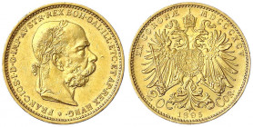 Haus Habsburg
Franz Joseph I., 1848-1916
20 Kronen 1895. 6,78 g. 900/1000.
sehr schön/vorzüglich, min. Schrötlingsfehler. Herinek 331. Friedberg 42...