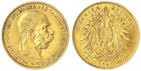 Haus Habsburg
Franz Joseph I., 1848-1916
10 Kronen 1896. 3,39 g. 900/1000.
sehr schön/vorzüglich. Herinek 382. Friedberg 422.