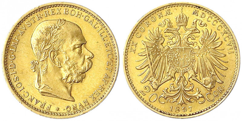 Haus Habsburg
Franz Joseph I., 1848-1916
20 Kronen 1897. 6,78 g. 900/1000.
fa...