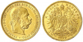 Haus Habsburg
Franz Joseph I., 1848-1916
10 Kronen 1905. 3,39 g. 900/1000.
vorzüglich. Herinek 386. Friedberg 422.
