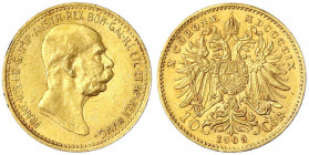 Haus Habsburg
Franz Joseph I., 1848-1916
10 Kronen 1909. Typ 'Marschall'. 3,39 g. 900/1000.
gutes vorzüglich, min. Randfehler. Herinek 387.