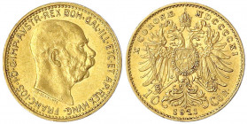Haus Habsburg
Franz Joseph I., 1848-1916
10 Kronen 1911. 3,39 g. 900/1000.
gutes vorzüglich. Herinek 390.