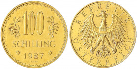 Republik Österreich
1. Republik, 1918-1938
100 Schilling 1927. 23,52 g. 900/1000.
vorzüglich/Stempelglanz aus Erstabschlag. Nile Post 5. Friedberg ...