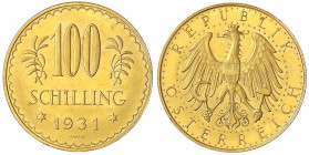 Republik Österreich
1. Republik, 1918-1938
100 Schilling 1931. 23,52 g. 900/1000.
fast Stempelglanz/Erstabschlag, winz. Randfehler. J. 437. Friedbe...