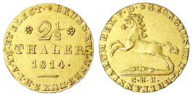 Braunschweig-Calenberg-Hannover
Georg III., 1760-1820
2 1/2 Taler 1814 CHH. 3,32 g.
sehr schön/vorzüglich, kl. Kratzer. AKS 4. Jaeger 102. Friedber...