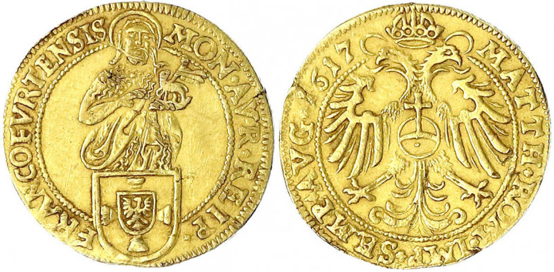 Frankfurt, Stadt
Goldgulden 1617, mit Titel Matthias. 3,22 g.
fast vorzüglich,...