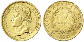 Westfalen-Königreich
Hieronymus Napoleon, 1807-1813
20 Franken 1808 C, Kassel. Mmz. Adlerkopf. 6,42 g.
fast sehr schön, kl. Randfehler. Jaeger 41. ...