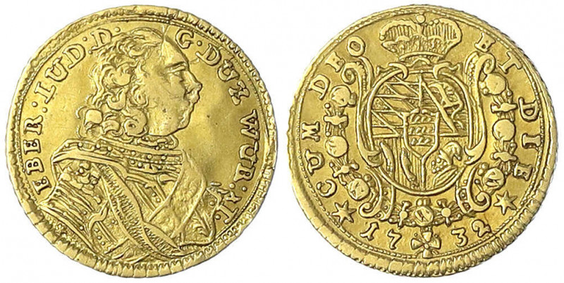 Württemberg
Eberhard Ludwig, 1693-1733
1/4 Karolin 1732, Stuttgart. 2,31 g.
s...