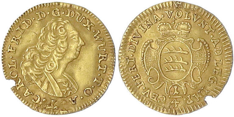 Württemberg
Karl Friedrich, 1738-1744
1/4 Dukat o.J. 0,82 g.
sehr schön, Rand...